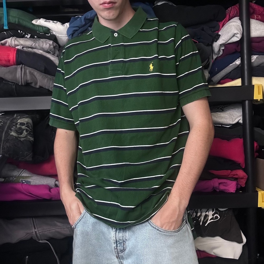 Polo Ralph Lauren Striped Polo Shirt Mens XL Green Navy White Y2K 90s Boxy Fit
